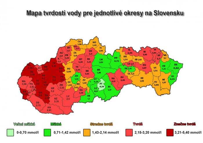 Mapa tvrdosti vody na Slovensku